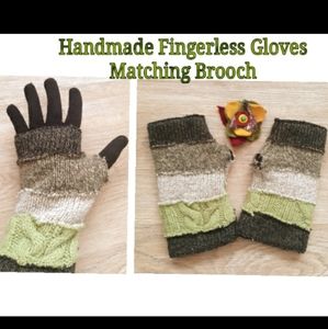 Handmade Fingerless Sweater Gloves + Matching Fabric Brooch + Stretch Gloves